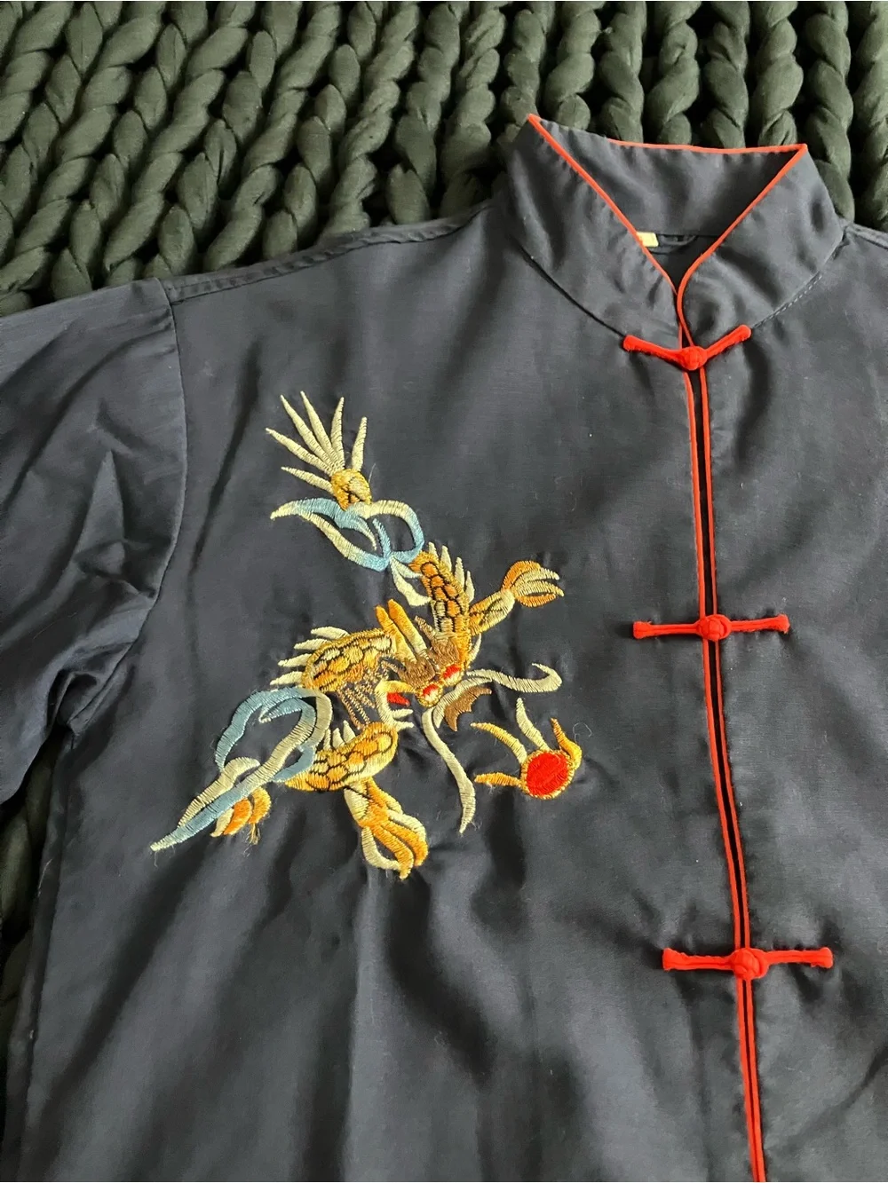 Dark Blue Kids Chinese Style Top and Bottom Set with Embroidered Dragon - Picture 3 of 9